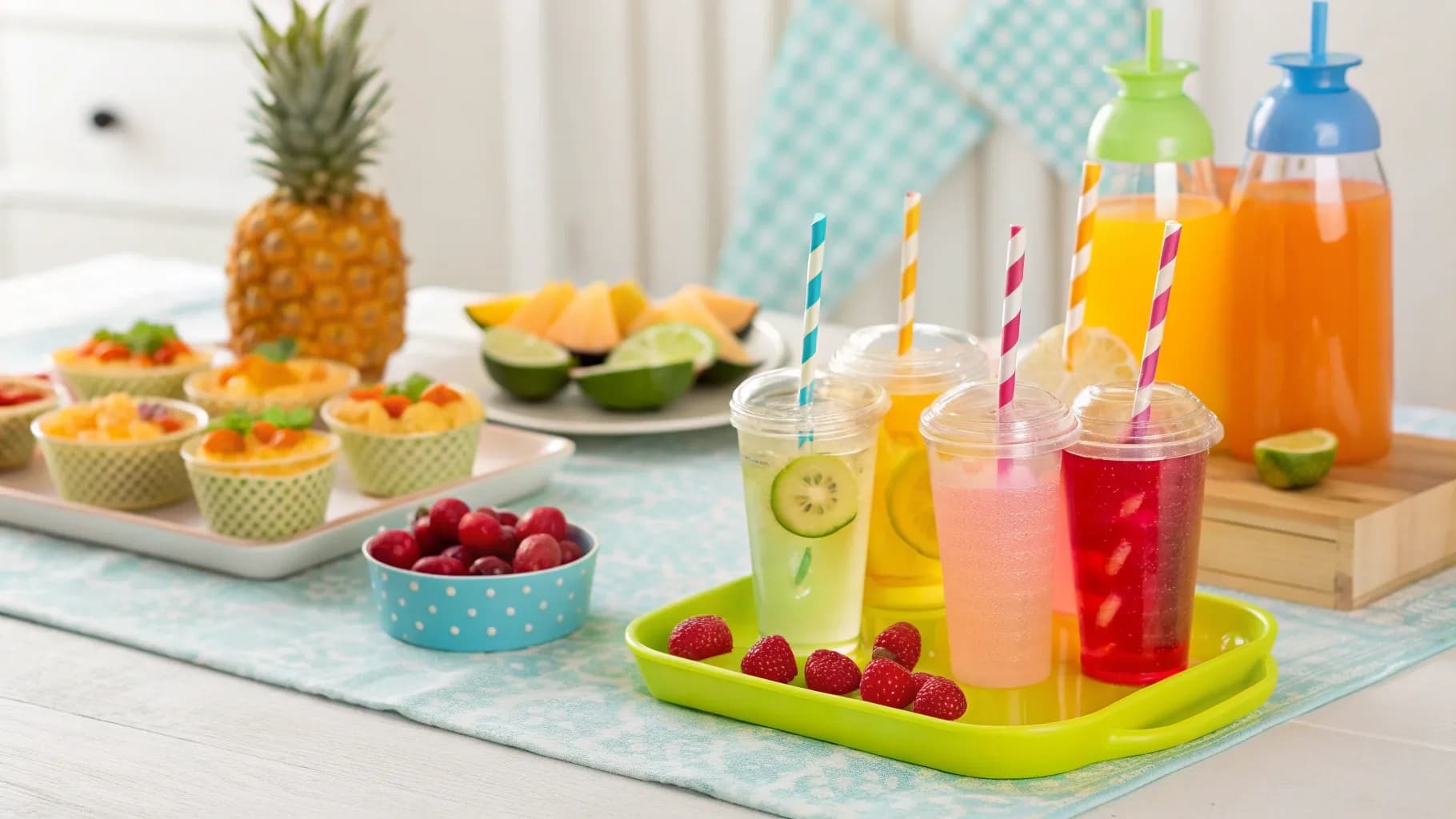 drinks table with colourful straws cups drinks table with colourful straws cups
